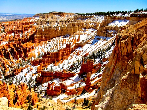 The last patches of spring snow on the Bryce Canyon landscape in Bryce Canyon National Park, Utah.