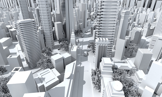 High street view of Modern city with skyscrapers, office buildings, residential blocks and transport on the road. 3D rendering illustration city model areal view
