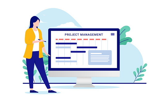 Vector illustration of woman working with managing projects on desktop screen. Flat design vector illustration with white background