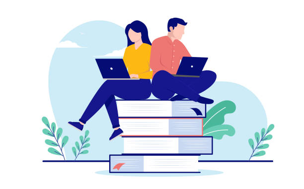 Man and woman studying together Couple sitting on books with laptop computers learning and educating themselves. Flat design vector illustration with white background adult education book stock illustrations