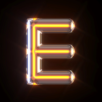 Glowing glass tube font Letter E 3D render illustration isolated on black background