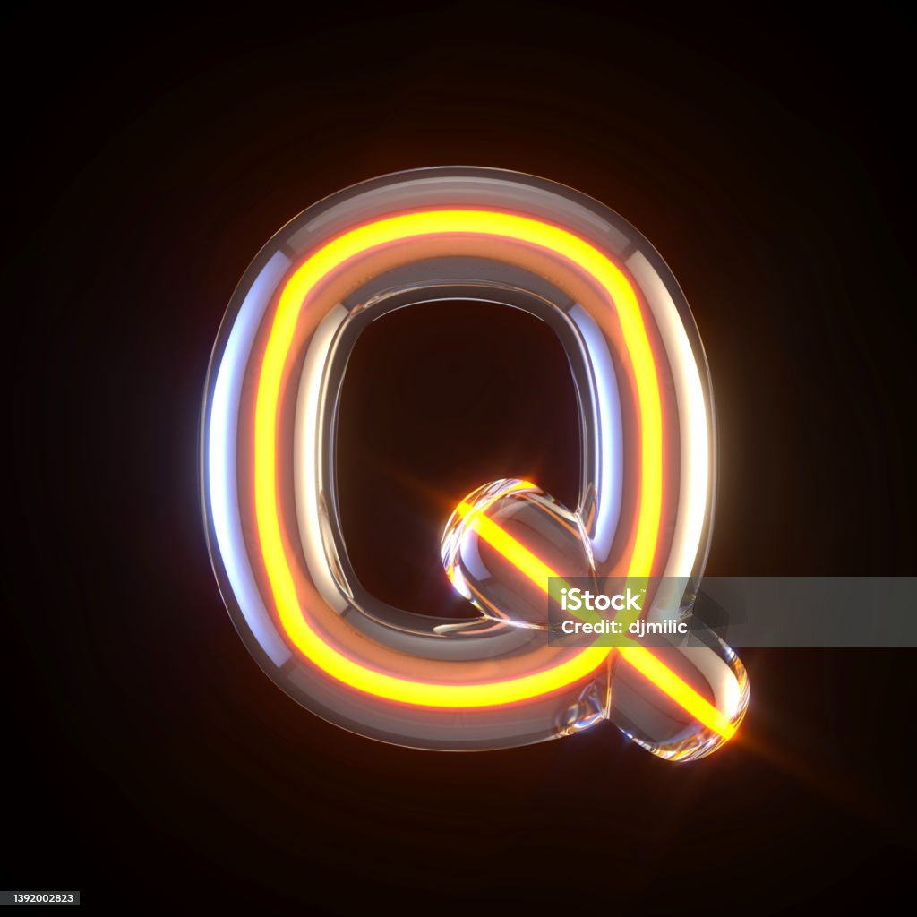 Glowing glass tube font Letter Q 3D Glowing glass tube font Letter Q 3D render illustration isolated on black background Letter Q Stock Photo