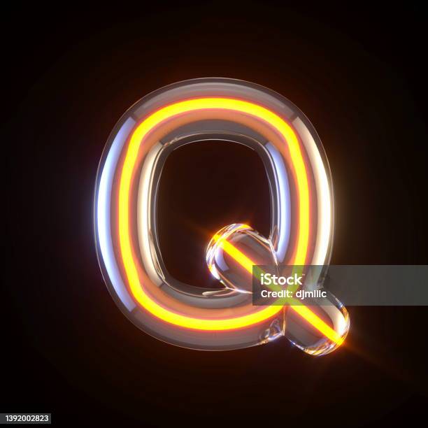 Glowing Glass Tube Font Letter Q 3d Stock Photo - Download Image Now - Letter Q, Fluorescent, Neon Lighting