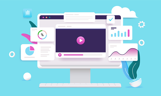 Desktop computer with video player results and data in semi flat design vector illustration