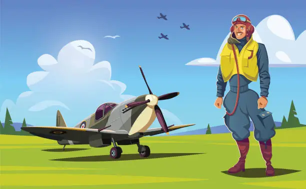 Vector illustration of British pilot and Spitfire fighter plane on field World War II