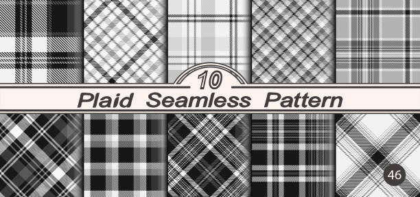 Set seamless black and white plaid background. Set seamless black and white plaid background. Straight and oblique scottish cage textured. Vector graphics of printing on fabric, shirt, textile, curtain and tablecloth. tsp stock illustrations