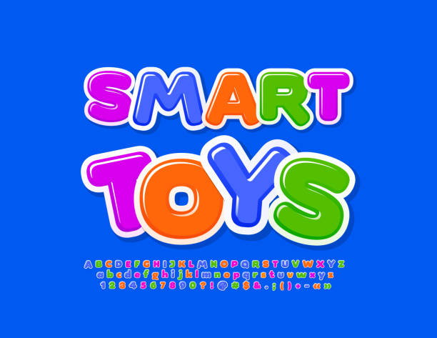 Vector colorful emblem Smart Toys. Childish Alphabet Letters and Numbers set Bright cute Font playful font stock illustrations