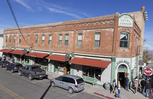 Jerome, Arizona, USA - December 1, 2021:  Historic Connor Hotel on Main Street, built in 1898 and one of finest lodging establishments in the booming mining towns of the West