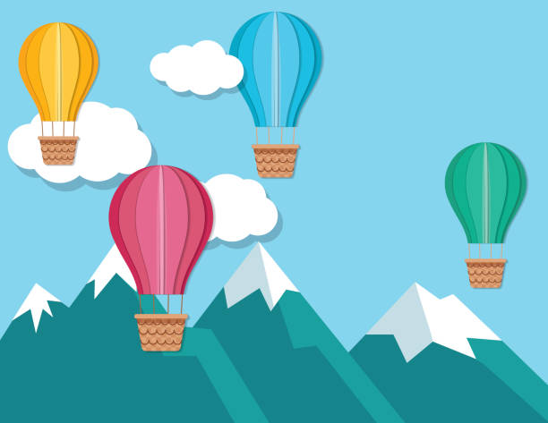 3D Cut Paper Hot Air Balloon On A Blue Sky With Mountains Cute paper hot air balloon icon on a flat color background. File includes EPS Vector file and high-resolution jpg. mountain borders stock illustrations