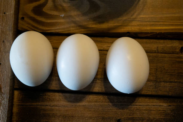 istock Top view of raw eggs on wooden background 1392014595