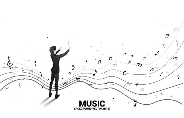 stockillustraties, clipart, cartoons en iconen met vector silhouette of conductor standing with flying music note . concept background for orchestra concert and recreation. - dirigent