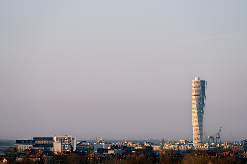 Malmo, Sweden - April 17, 2022: Turning Torso skyscraper is the tallest building in Scandinavia with 190 metres and the most recognizable landmark for Malmo.