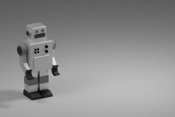 Gray metallic retro square robot with buttons on background 3d illustration.