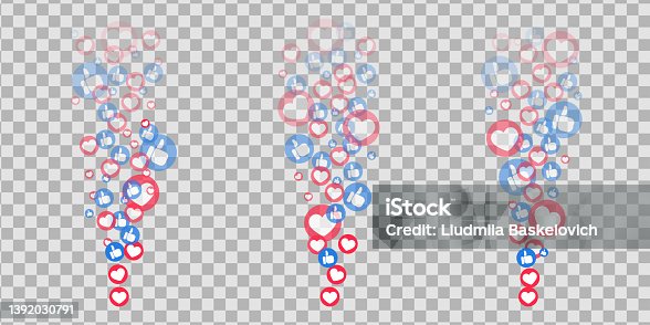 istock Likes hearts and thumbs flying up for stories and live streams. Like and thumbs icons for social media ui. Vector illlustration 1392030791