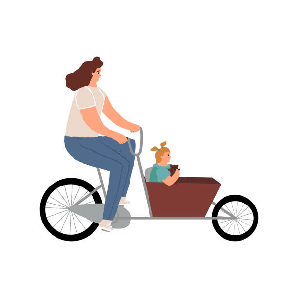 frau fährt ein lastenrad oder bakfiets-fahrrad, ihre tochter im wagen. traditioneller transport in den niederlanden für familienzeitvertreib im freien, reiten mit haustieren oder schweren einkaufstaschen. vektorisolierte illustration. - lastenrad stock-grafiken, -clipart, -cartoons und -symbole