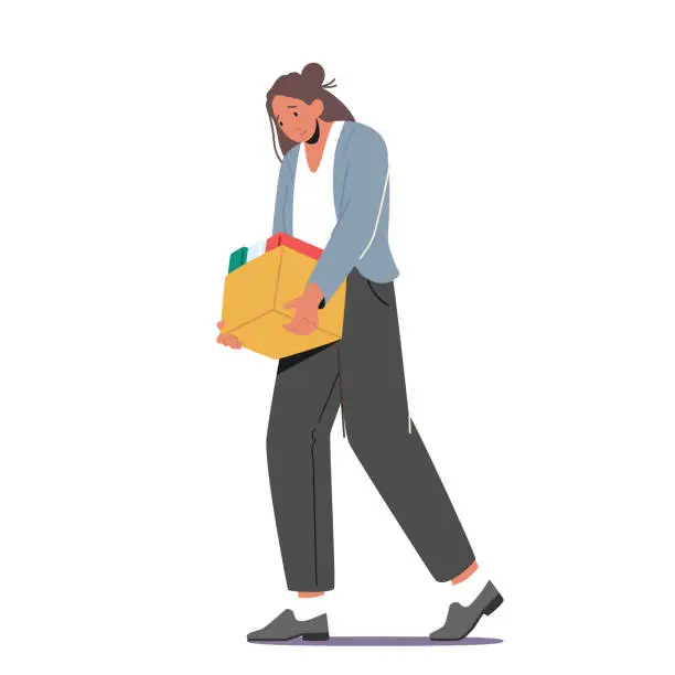 Vector illustration of Woman Employee Fired From Job. Sad Girl with Box Walking Isolated on White Background. Manager or Clerk Firing