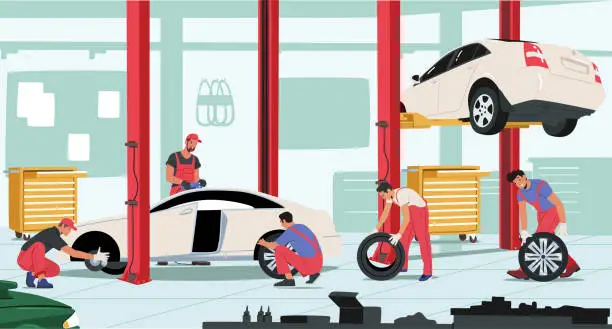 Vector illustration of Vehicle Repair, Maintenance and Fixing Service. Workers Change Tires at Garage. Male Characters Wear Uniform Mount Tyres