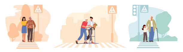 ilustraciones, imágenes clip art, dibujos animados e iconos de stock de set old people care, los personajes ayudan a cruzar el camino para las personas mayores. personas mayores de manutención de hombres, mujeres y niños pequeños - crossing zebra crossing crosswalk street