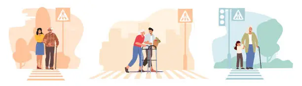 Vector illustration of Set Old People Care, Characters Help to Cross Road for Elderly People. Man, Woman and Little Child Support Seniors