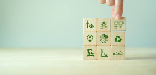 istock Circular economy concept. Business and environment sustainable. Climate changing problem solving goals.
Stacking wooden cube with eco infinity and environment sustainable symbols on smart backgound 1392032359