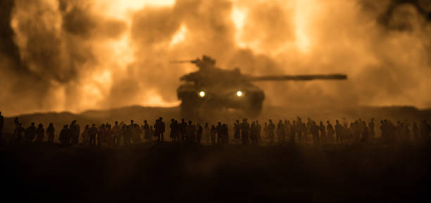 istock Creative artwork decoration war on Ukraine. Crowd looking on giant explosion and attacking soldiers. 1392036618