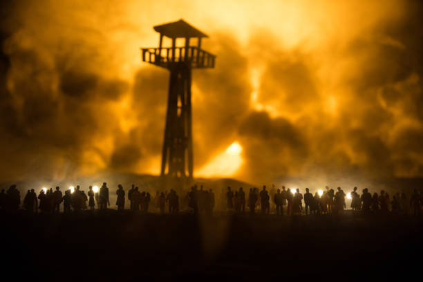 istock Creative artwork decoration war on Ukraine. Crowd looking on giant explosion and attacking soldiers. 1392036623