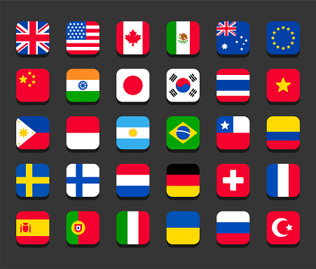 30 country flags set. Square icons with rounded corners. Simple stylized cartoon flat vector style.
