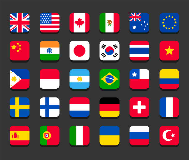 30 Country flag icons 30 country flags set. Square icons with rounded corners. Simple stylized cartoon flat vector style. national flag stock illustrations