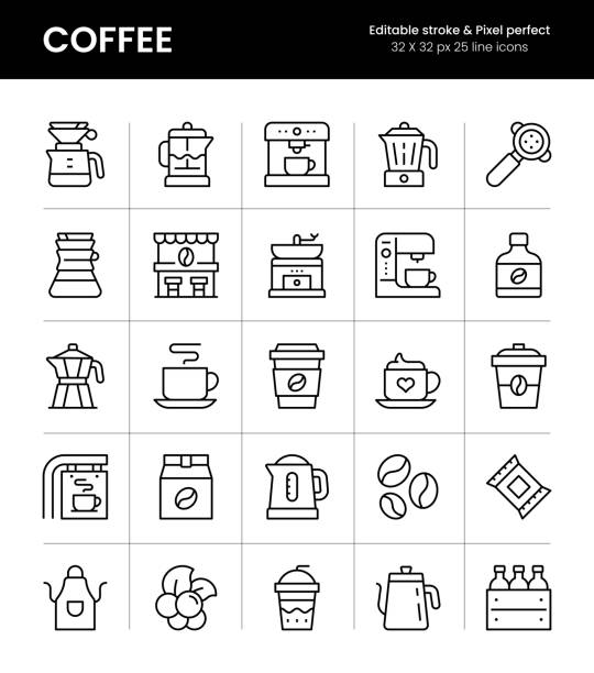 кофе редактируемые иконки линии хода - hot chocolate latté coffee cappuccino stock illustrations