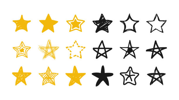 illustrations, cliparts, dessins animés et icônes de ensemble d’étoiles jaunes et noires dessinées à la main dans un style cartoon. illustration vectorielle. - étoile