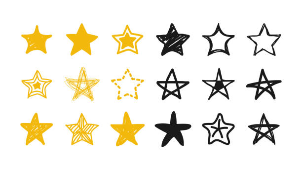stockillustraties, clipart, cartoons en iconen met set of stars yellow and black hand-drawn in cartoon style. vector illustration. - schets