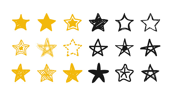 Set of stars yellow and black hand-drawn in cartoon style. Vector illustration.
