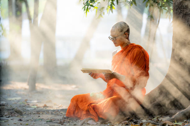 Buddhist monk in buddhism school monastery reading Buddhist lessen book stock photo