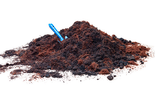 Pile of soil mixing coconut dust with a blue shovel isolated on white background.