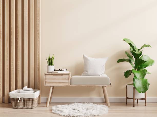 istock Bench with cream colored wall, wall mockup. 1392047750