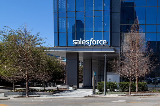 Dallas, Texas, USA - March 20, 2022: The entrance to Salesforce office building in Dallas, Texas, USA. Salesforce, Inc. is an American cloud-based software company.