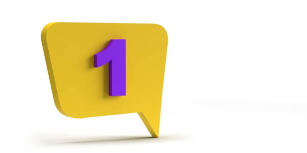 Soft rectangular shaped yellow chat bubble with written purple bold number 1 on white background with dropped shadow and copy space in 3D. Horizontal composition with clipping path. Social media, Countdown concept.