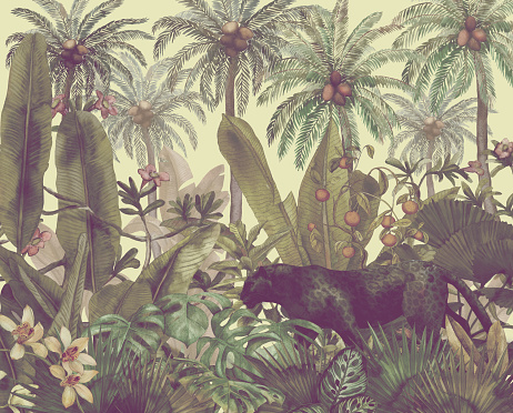 Tropical illustration with black panther in the jungle painted in watercolor. Background with tropical leaves and wild cat. Landscape with palm trees