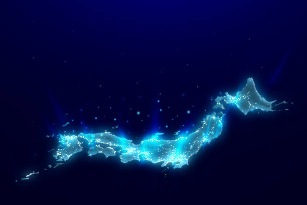 日本地図と青色光エネルギー背景画像イラスト素材 - japan digital map点のイラスト素材／クリップアート素材／マンガ素材／アイコン素材