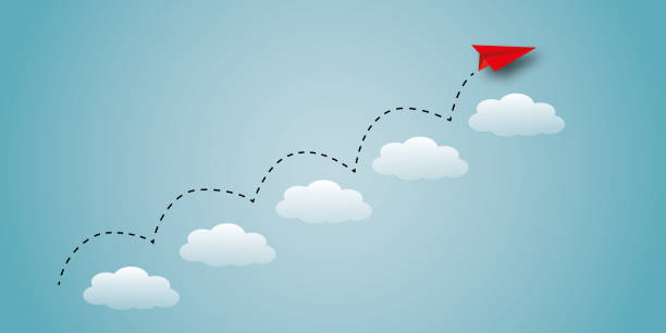 illustrations, cliparts, dessins animés et icônes de l’avion de papier rouge qui monte en puissance intensifie le cloud comme métaphore de la croissance commerciale et financière. - target targeted ideas inspiration