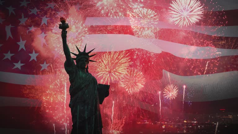 happy independence day liberty statue over USA flag and fireworks Background,4th of July fireworks Background