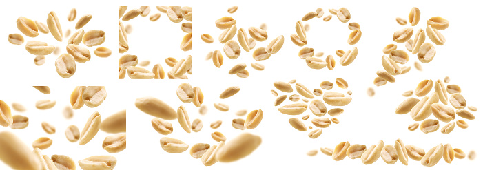 A set of photos. Peeled peanuts levitate on a white background.