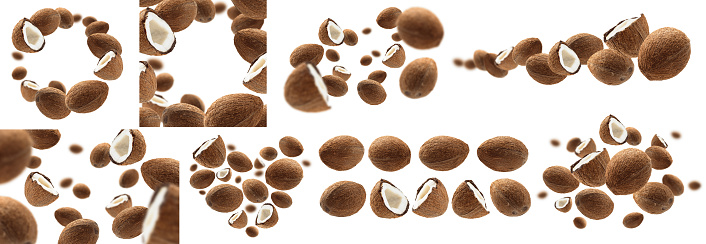 A set of photos. Whole and half cocoanuts levitate on a white background.
