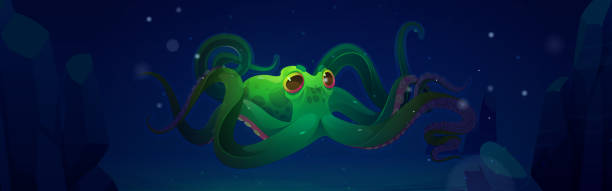 istock Green octopus swim in ocean water at night 1392060631