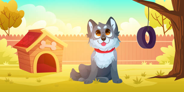Cute dog sitting on backyard Cute dog sitting on backyard. House yard landscape with funny pet, canine kennel, green grass, fence and tree with tire swing. Vector cartoon illustration of wooden doghouse and puppy backyard background stock illustrations