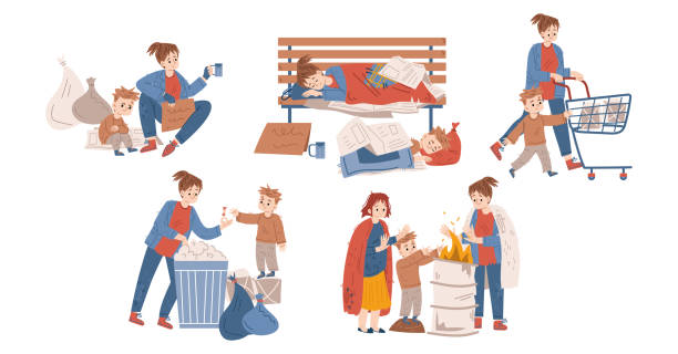 Poor homeless people begging on street Poor homeless people live on city street, sleep on bench, begging money. Concept of poverty, problems of beggars, refugee, jobless. Vector flat illustration of sad needy woman and boy family mother poverty sadness stock illustrations