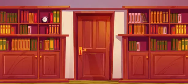 Vector illustration of Library or cabinet with wooden bookcases and door