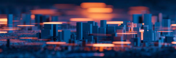 istock Miniature city with light effects. Urban technology and business. 3D rendering. 1392063062