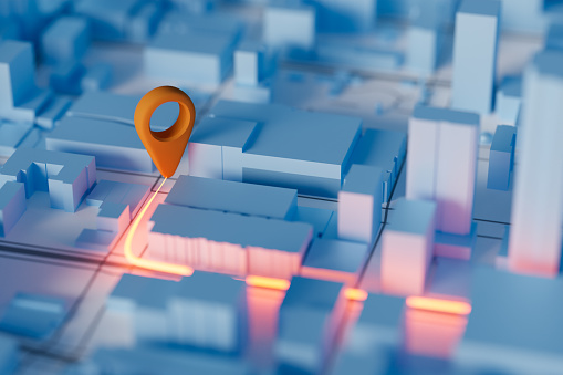 Marcador de navegación en una ciudad inteligente. Plan de ruta, GPS y conceptos de exploración urbana. Renderizado 3D. photo