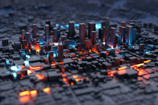 istock Blue and orange lights in smart city 3D miniature model. 3D rendering. 1392063065